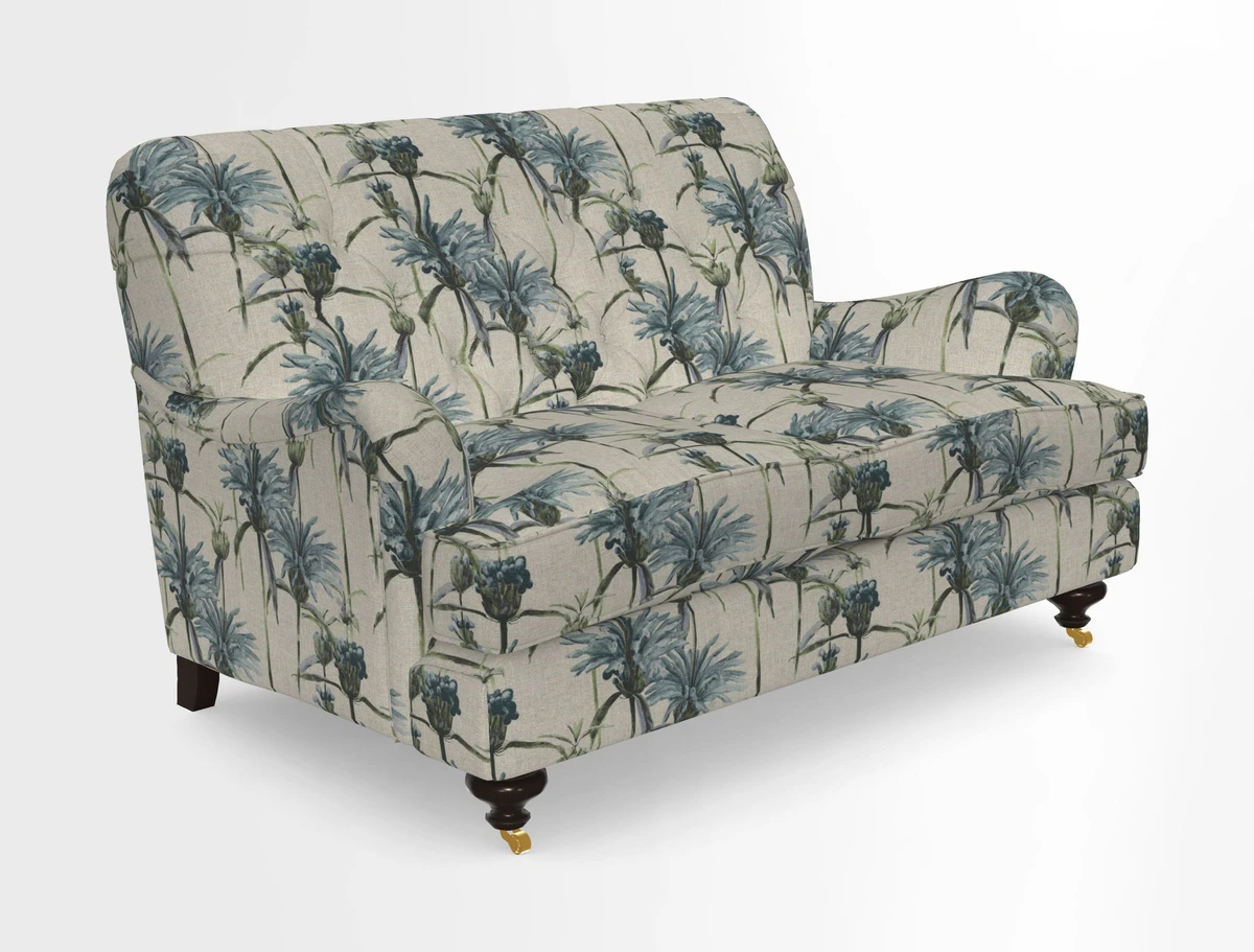 Chiddingfold 3 Seater Sofa in Omega Velvet Tawny Velvet and V&A Threads of India Regal Arabesque Flame with scatters in Sulawesi Splendour Jasper