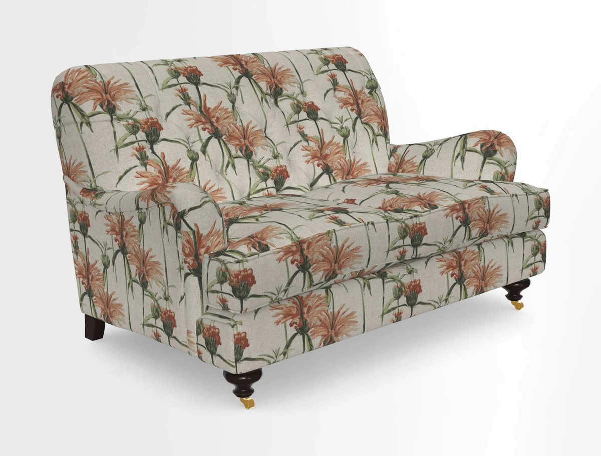 Chiddingfold 3 Seater Sofa in Omega Velvet Tawny Velvet and V&A Threads of India Regal Arabesque Flame with scatters in Sulawesi Splendour Jasper