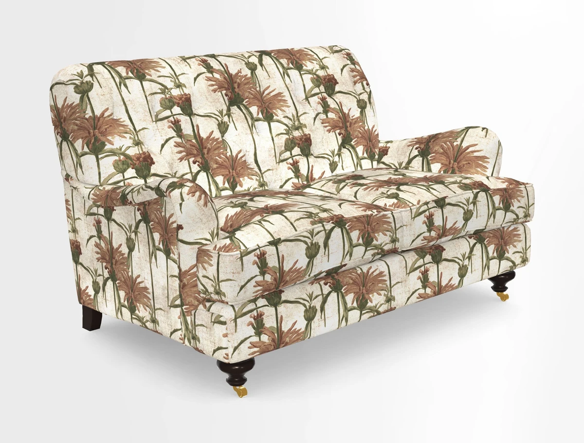 Chiddingfold 3 Seater Sofa in Omega Velvet Tawny Velvet and V&A Threads of India Regal Arabesque Flame with scatters in Sulawesi Splendour Jasper