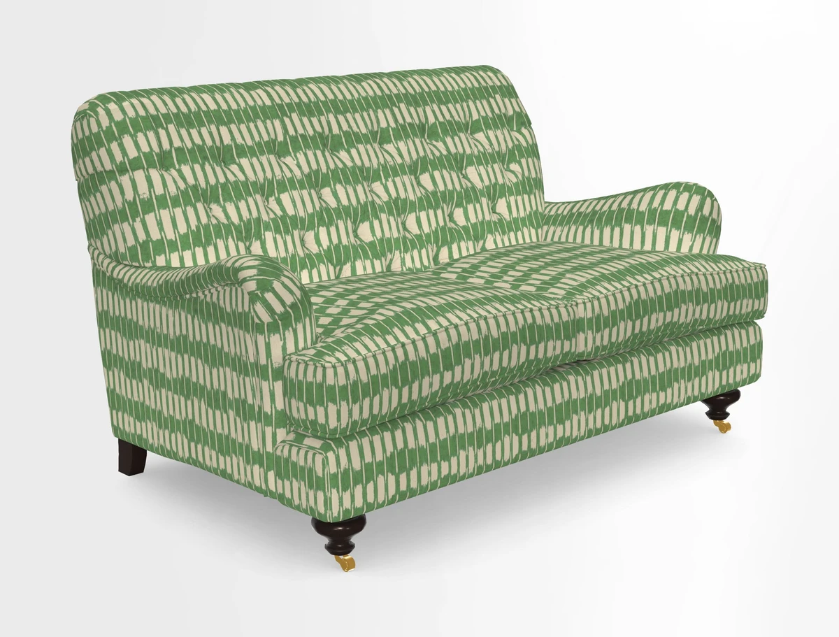 Chiddingfold 3 Seater Sofa in Omega Velvet Tawny Velvet and V&A Threads of India Regal Arabesque Flame with scatters in Sulawesi Splendour Jasper