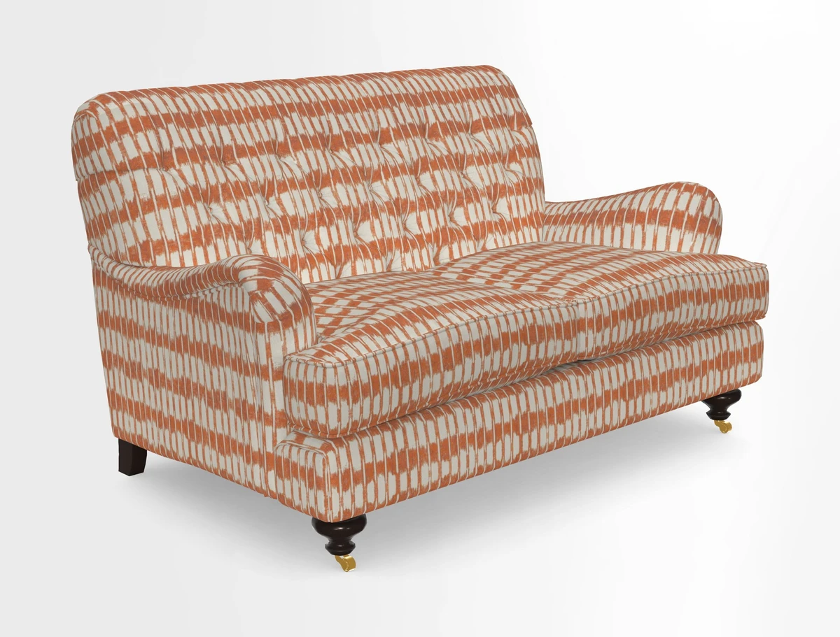 Chiddingfold 3 Seater Sofa in Omega Velvet Tawny Velvet and V&A Threads of India Regal Arabesque Flame with scatters in Sulawesi Splendour Jasper