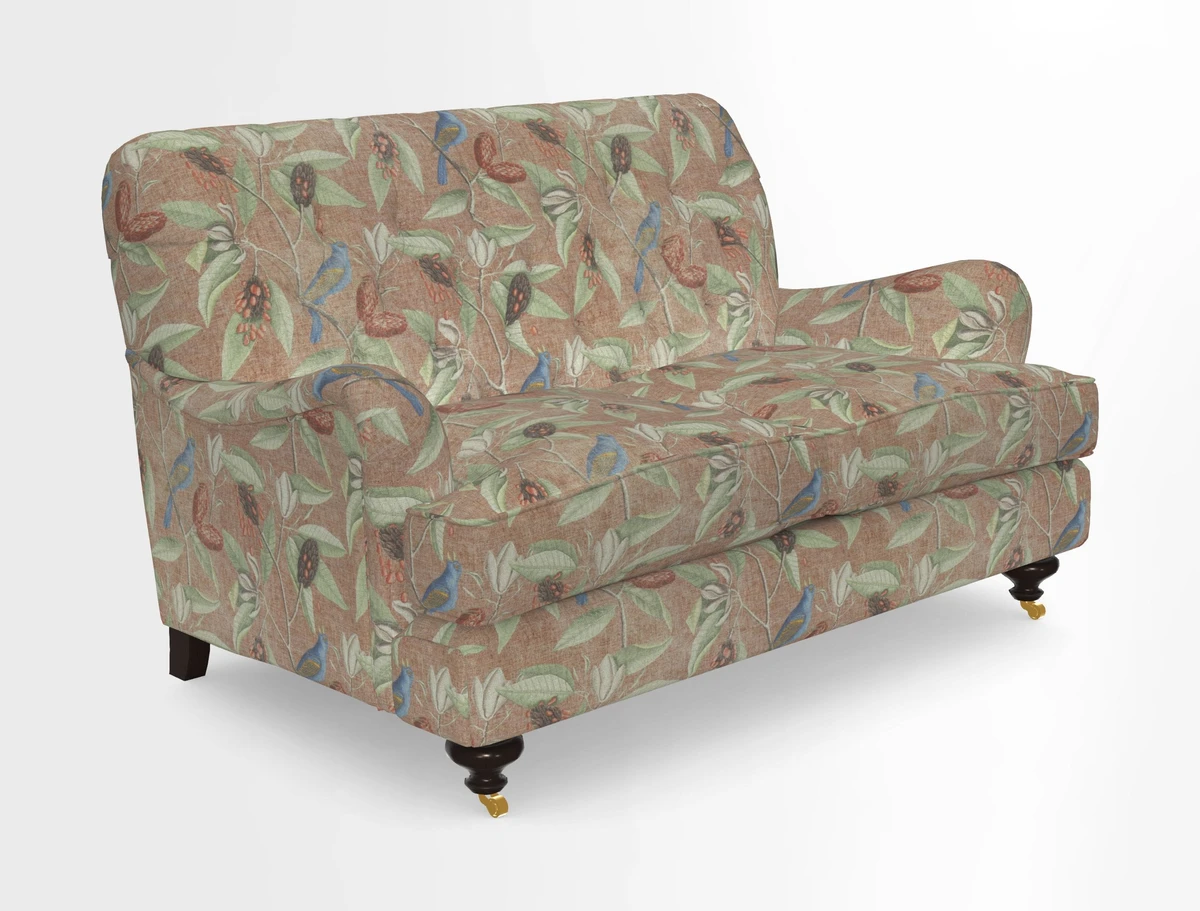 Chiddingfold 3 Seater Sofa in Omega Velvet Tawny Velvet and V&A Threads of India Regal Arabesque Flame with scatters in Sulawesi Splendour Jasper