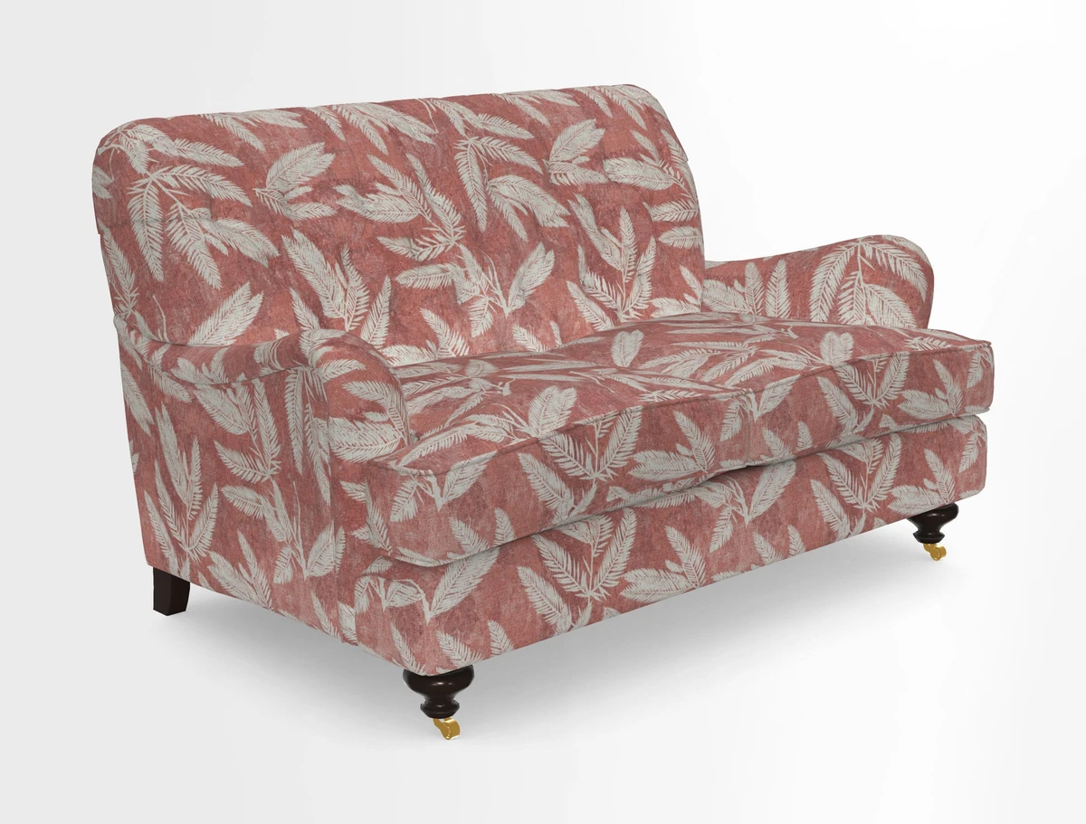 Chiddingfold 3 Seater Sofa in Omega Velvet Tawny Velvet and V&A Threads of India Regal Arabesque Flame with scatters in Sulawesi Splendour Jasper