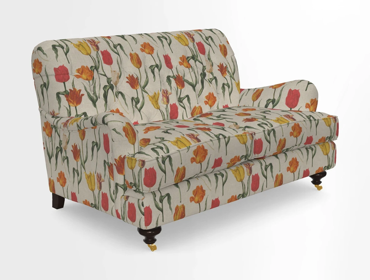 Chiddingfold 3 Seater Sofa in Omega Velvet Tawny Velvet and V&A Threads of India Regal Arabesque Flame with scatters in Sulawesi Splendour Jasper