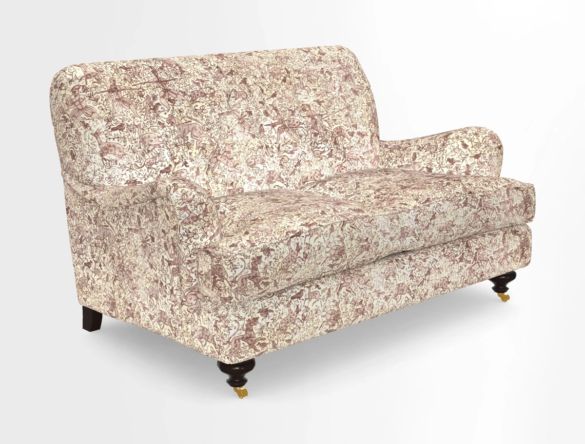 Chiddingfold 3 Seater Sofa in Omega Velvet Tawny Velvet and V&A Threads of India Regal Arabesque Flame with scatters in Sulawesi Splendour Jasper