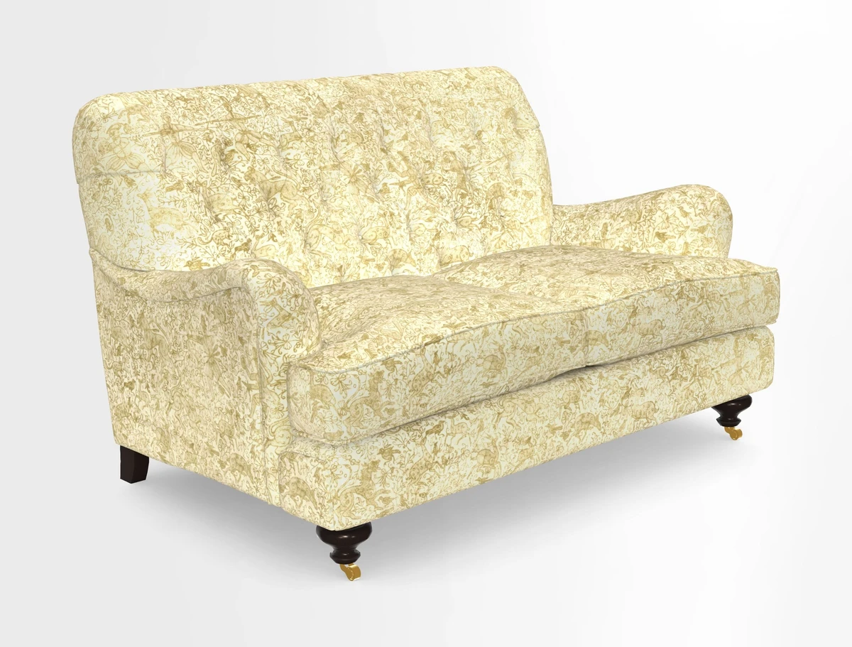 Chiddingfold 3 Seater Sofa in Omega Velvet Tawny Velvet and V&A Threads of India Regal Arabesque Flame with scatters in Sulawesi Splendour Jasper