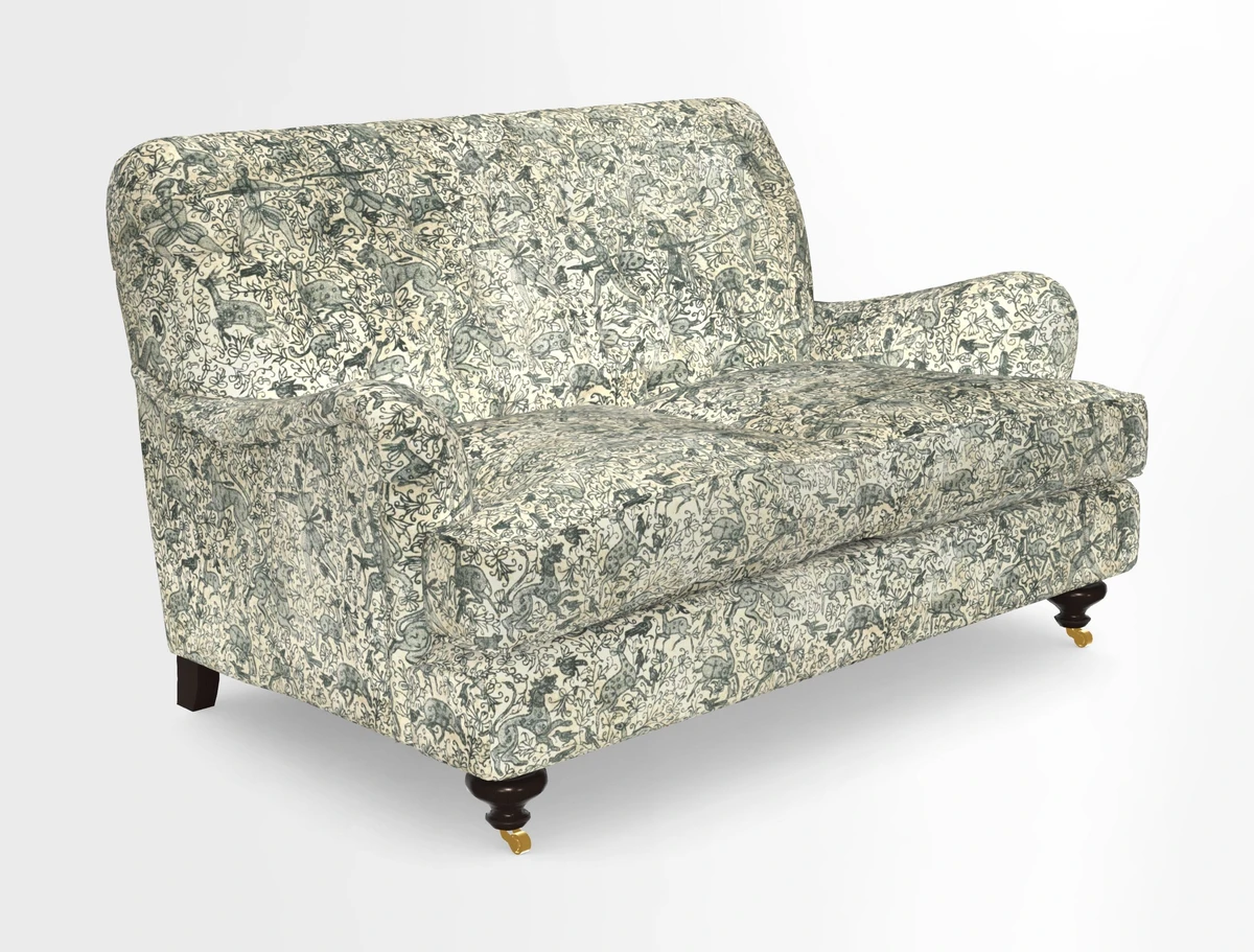 Chiddingfold 3 Seater Sofa in Omega Velvet Tawny Velvet and V&A Threads of India Regal Arabesque Flame with scatters in Sulawesi Splendour Jasper