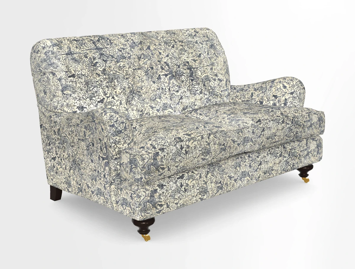 Chiddingfold 3 Seater Sofa in Omega Velvet Tawny Velvet and V&A Threads of India Regal Arabesque Flame with scatters in Sulawesi Splendour Jasper