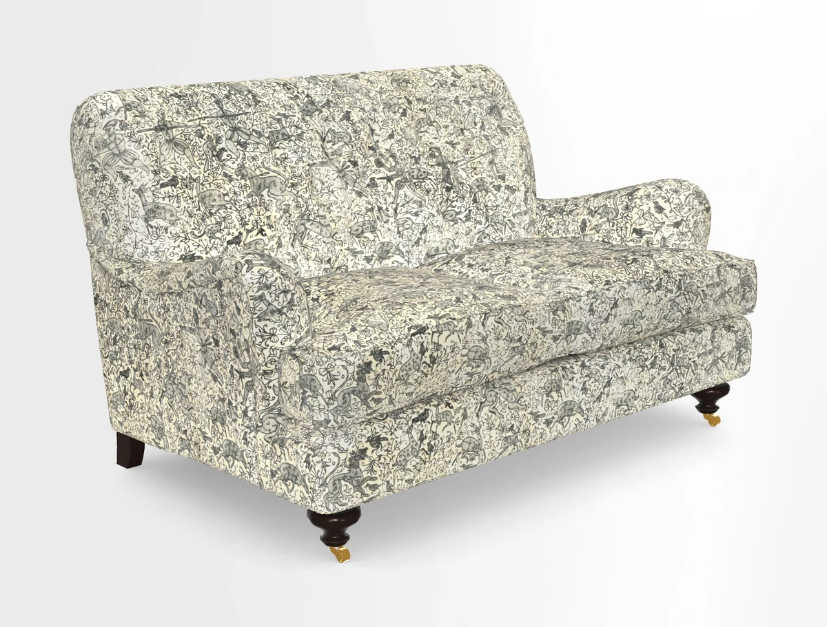 Chiddingfold 3 Seater Sofa in Omega Velvet Tawny Velvet and V&A Threads of India Regal Arabesque Flame with scatters in Sulawesi Splendour Jasper