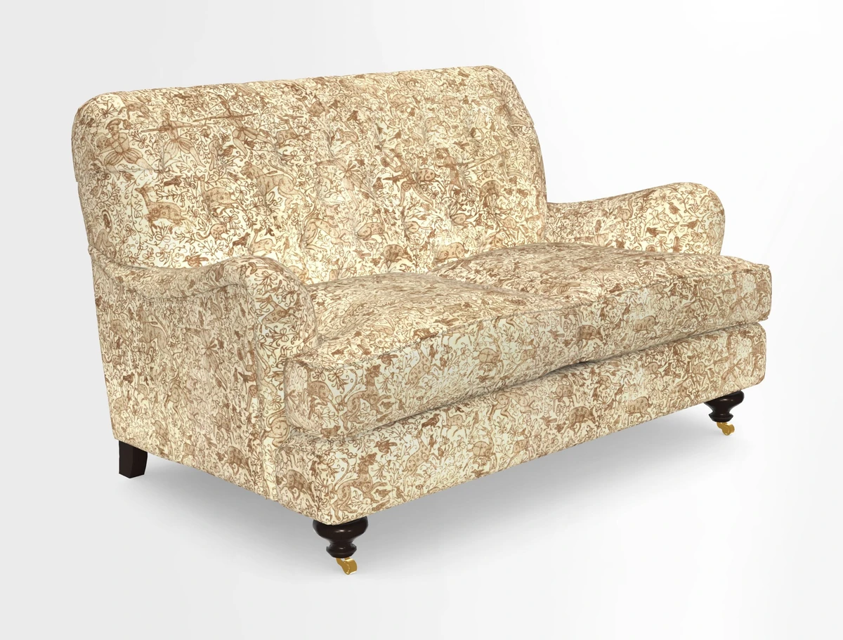 Chiddingfold 3 Seater Sofa in Omega Velvet Tawny Velvet and V&A Threads of India Regal Arabesque Flame with scatters in Sulawesi Splendour Jasper