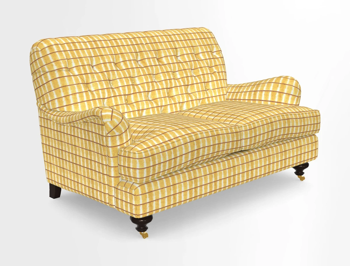 Chiddingfold 3 Seater Sofa in Omega Velvet Tawny Velvet and V&A Threads of India Regal Arabesque Flame with scatters in Sulawesi Splendour Jasper
