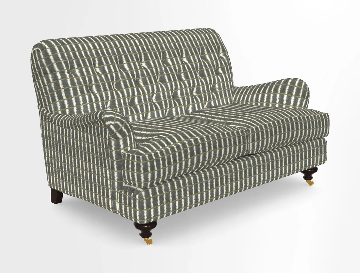 Chiddingfold 3 Seater Sofa in Omega Velvet Tawny Velvet and V&A Threads of India Regal Arabesque Flame with scatters in Sulawesi Splendour Jasper