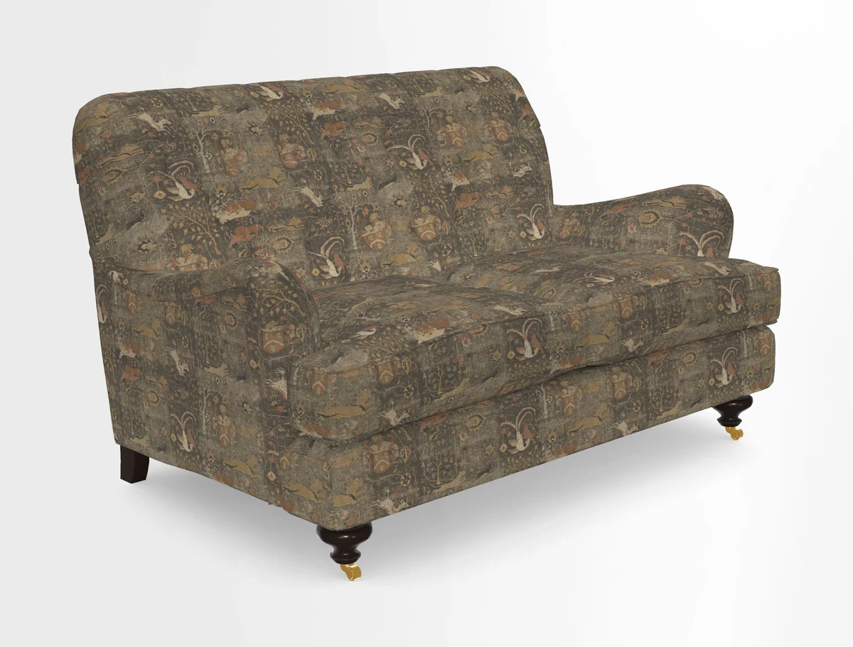 Chiddingfold 3 Seater Sofa in Omega Velvet Tawny Velvet and V&A Threads of India Regal Arabesque Flame with scatters in Sulawesi Splendour Jasper