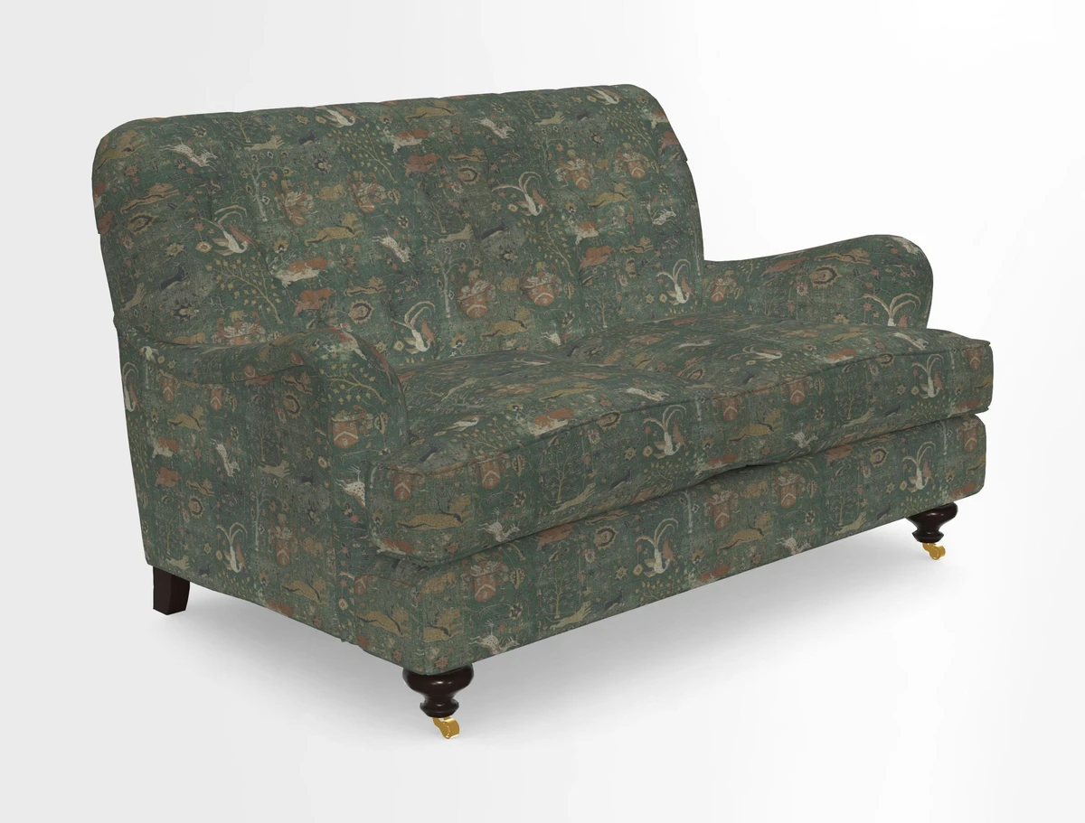 Chiddingfold 3 Seater Sofa in Omega Velvet Tawny Velvet and V&A Threads of India Regal Arabesque Flame with scatters in Sulawesi Splendour Jasper