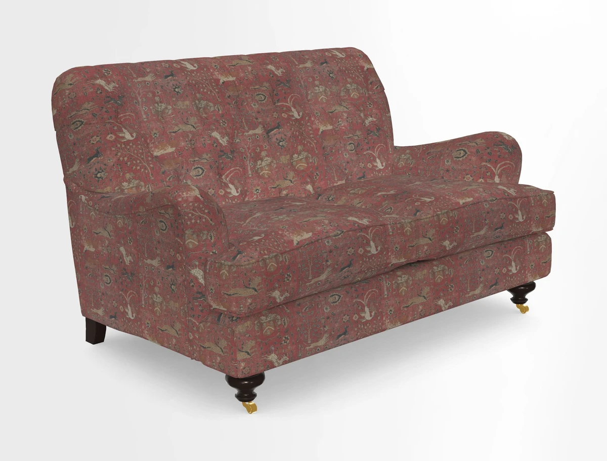 Chiddingfold 3 Seater Sofa in Omega Velvet Tawny Velvet and V&A Threads of India Regal Arabesque Flame with scatters in Sulawesi Splendour Jasper