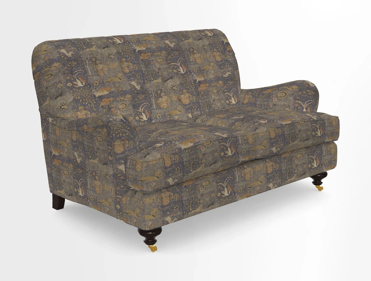 Chiddingfold 3 Seater Sofa in Omega Velvet Tawny Velvet and V&A Threads of India Regal Arabesque Flame with scatters in Sulawesi Splendour Jasper