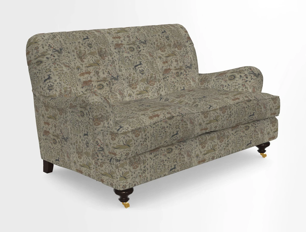 Chiddingfold 3 Seater Sofa in Omega Velvet Tawny Velvet and V&A Threads of India Regal Arabesque Flame with scatters in Sulawesi Splendour Jasper