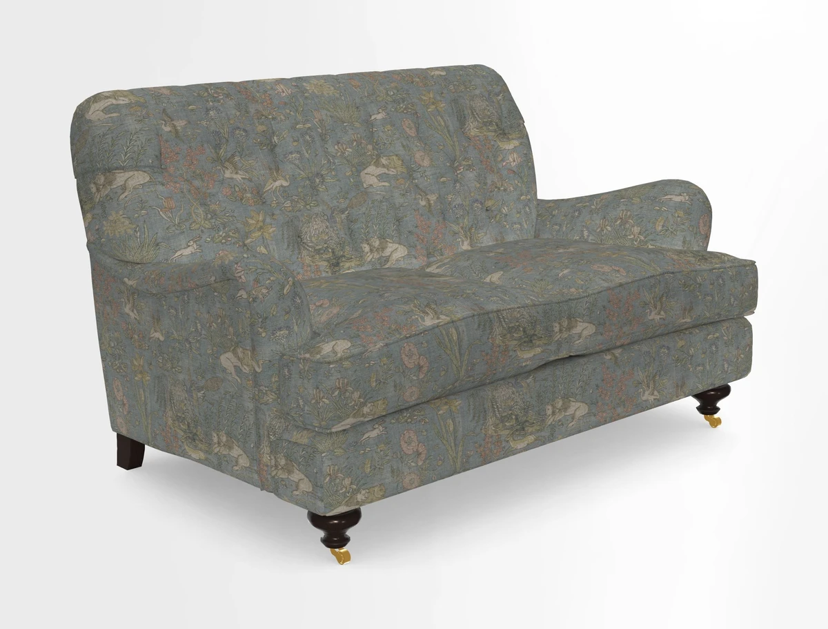 Chiddingfold 3 Seater Sofa in Omega Velvet Tawny Velvet and V&A Threads of India Regal Arabesque Flame with scatters in Sulawesi Splendour Jasper