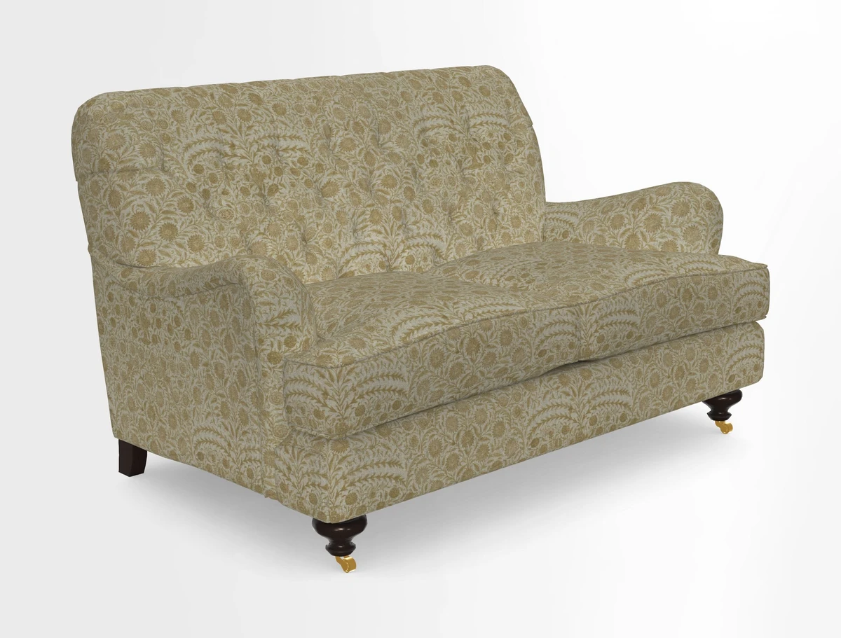 Chiddingfold 3 Seater Sofa in Omega Velvet Tawny Velvet and V&A Threads of India Regal Arabesque Flame with scatters in Sulawesi Splendour Jasper