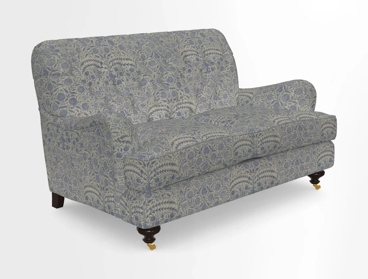 Chiddingfold 3 Seater Sofa in Omega Velvet Tawny Velvet and V&A Threads of India Regal Arabesque Flame with scatters in Sulawesi Splendour Jasper