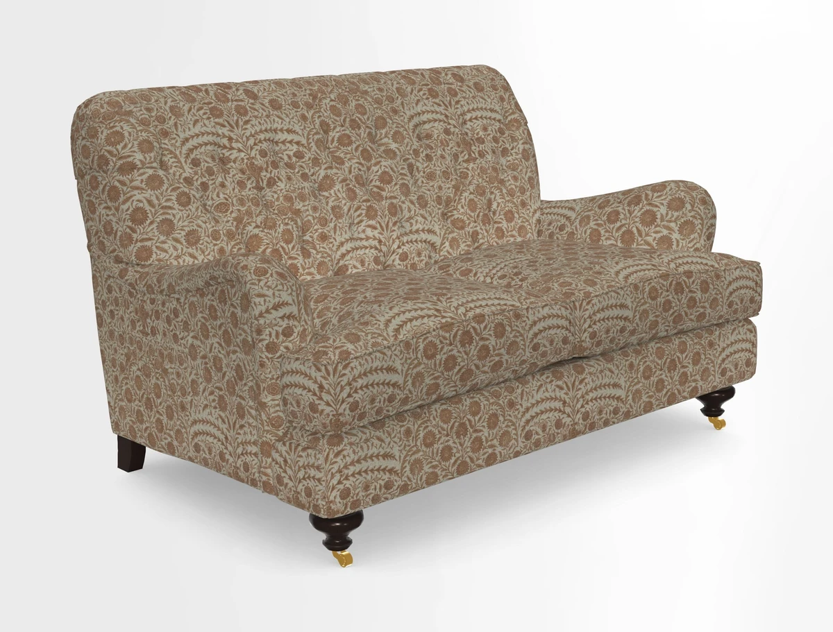 Chiddingfold 3 Seater Sofa in Omega Velvet Tawny Velvet and V&A Threads of India Regal Arabesque Flame with scatters in Sulawesi Splendour Jasper