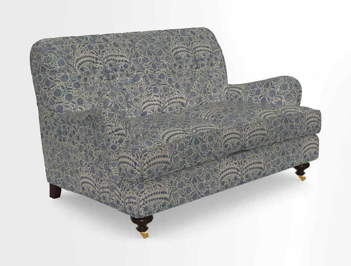 Chiddingfold 3 Seater Sofa in Omega Velvet Tawny Velvet and V&A Threads of India Regal Arabesque Flame with scatters in Sulawesi Splendour Jasper