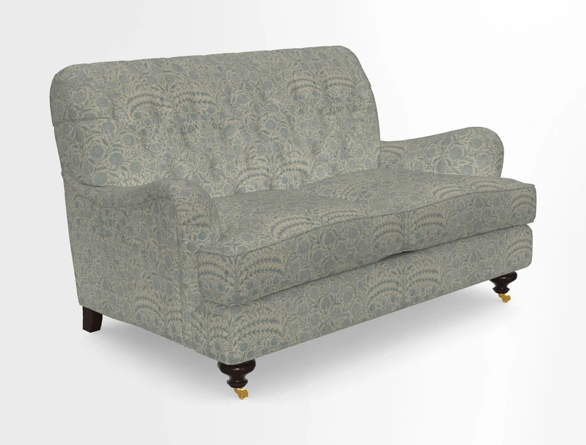Chiddingfold 3 Seater Sofa in Omega Velvet Tawny Velvet and V&A Threads of India Regal Arabesque Flame with scatters in Sulawesi Splendour Jasper