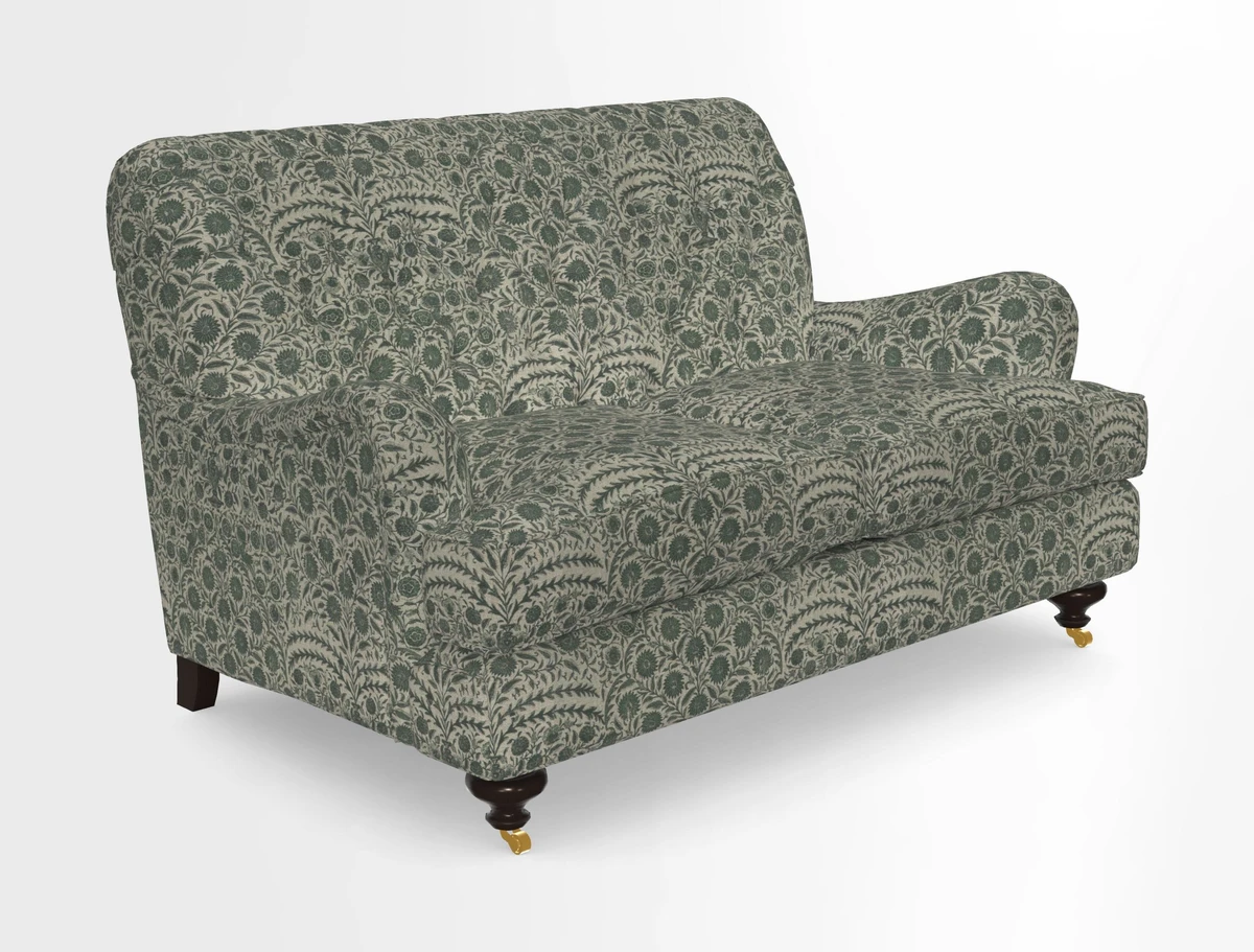 Chiddingfold 3 Seater Sofa in Omega Velvet Tawny Velvet and V&A Threads of India Regal Arabesque Flame with scatters in Sulawesi Splendour Jasper