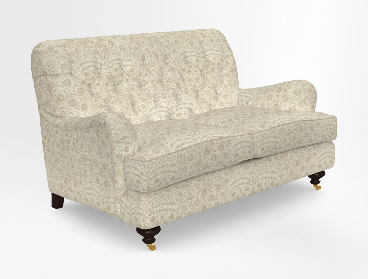 Chiddingfold 3 Seater Sofa in Omega Velvet Tawny Velvet and V&A Threads of India Regal Arabesque Flame with scatters in Sulawesi Splendour Jasper