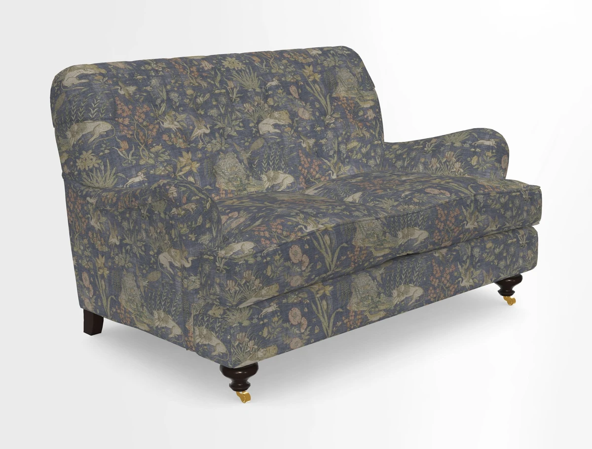 Chiddingfold 3 Seater Sofa in Omega Velvet Tawny Velvet and V&A Threads of India Regal Arabesque Flame with scatters in Sulawesi Splendour Jasper