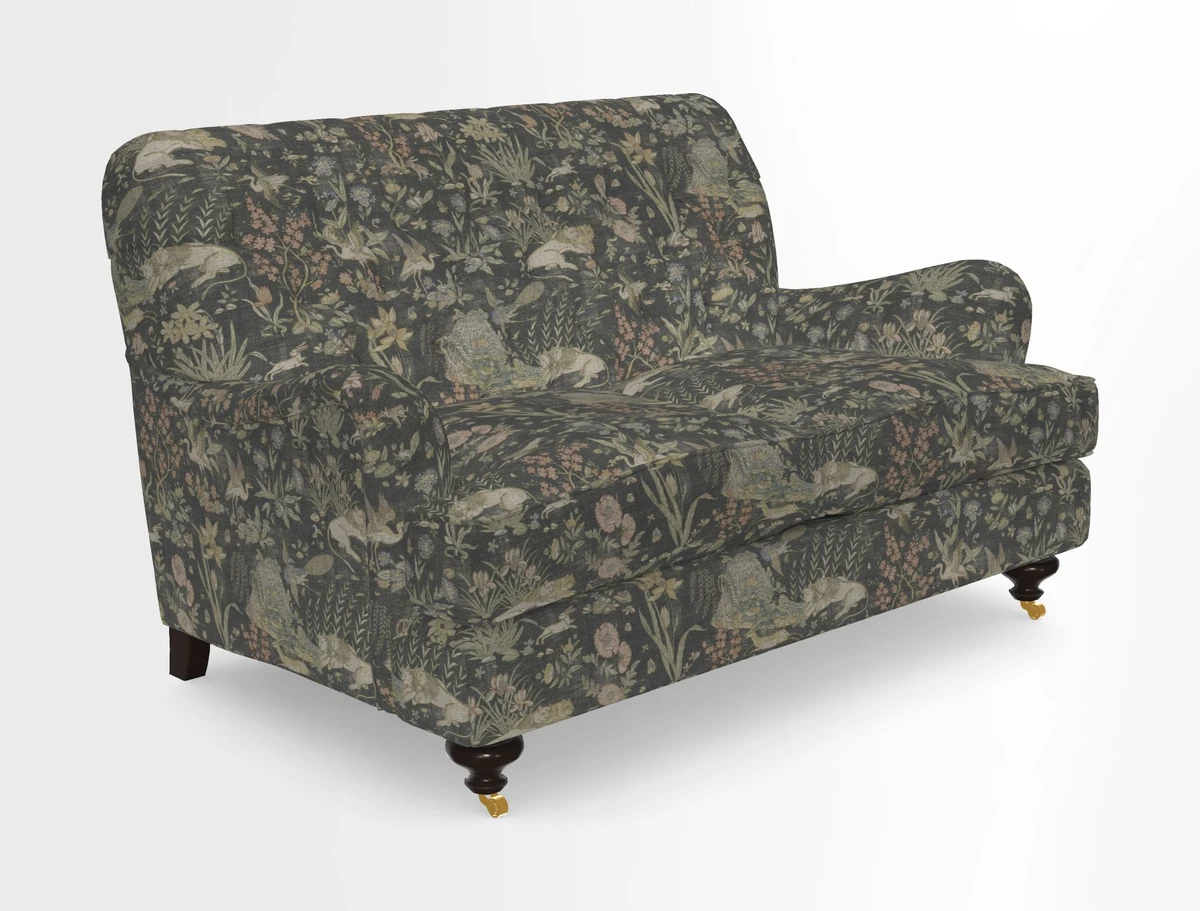 Chiddingfold 3 Seater Sofa in Omega Velvet Tawny Velvet and V&A Threads of India Regal Arabesque Flame with scatters in Sulawesi Splendour Jasper