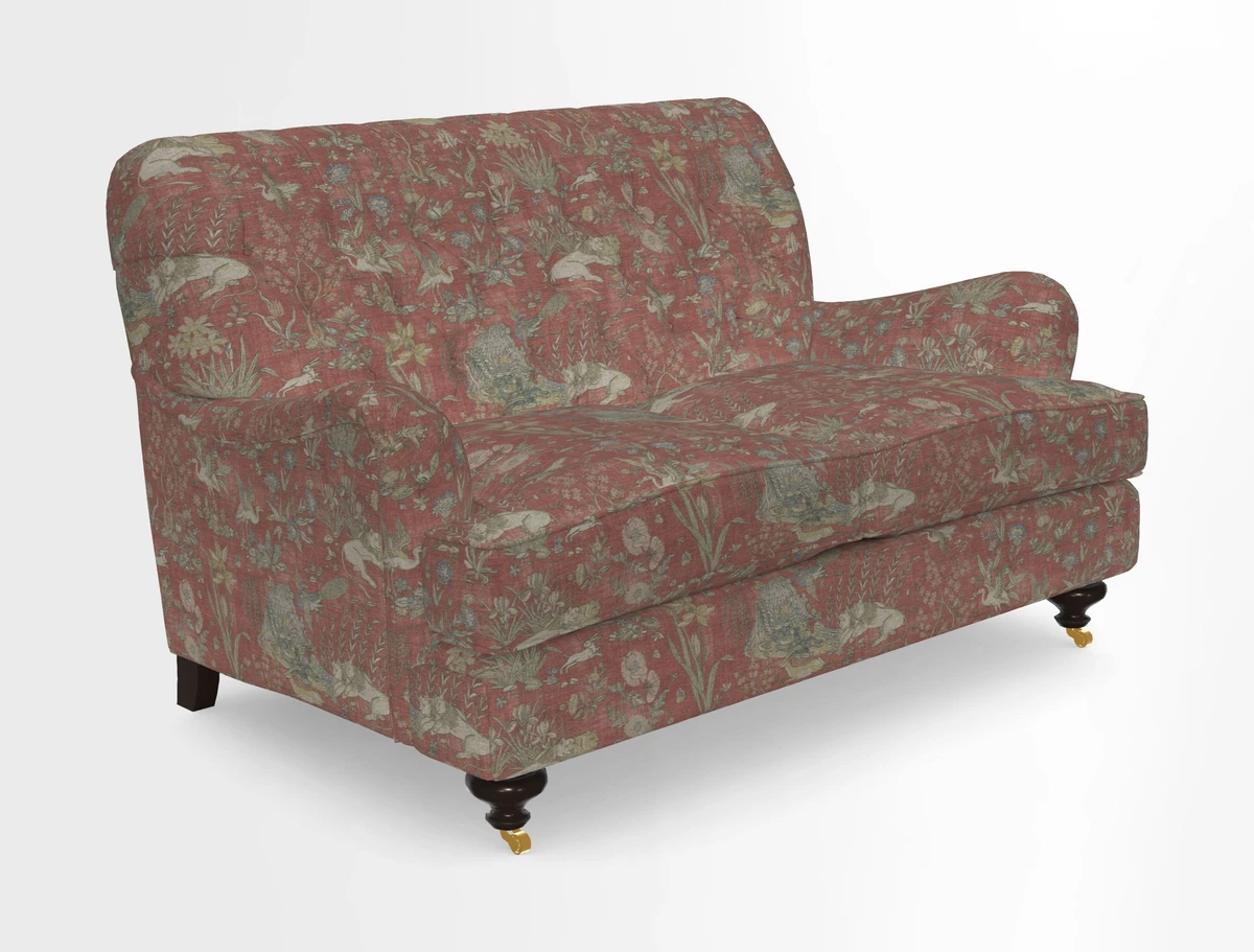 Chiddingfold 3 Seater Sofa in Omega Velvet Tawny Velvet and V&A Threads of India Regal Arabesque Flame with scatters in Sulawesi Splendour Jasper