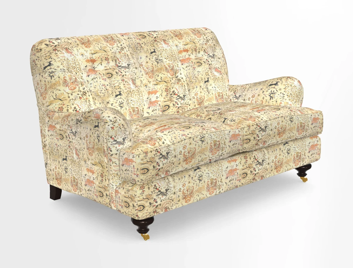 Chiddingfold 3 Seater Sofa in Omega Velvet Tawny Velvet and V&A Threads of India Regal Arabesque Flame with scatters in Sulawesi Splendour Jasper