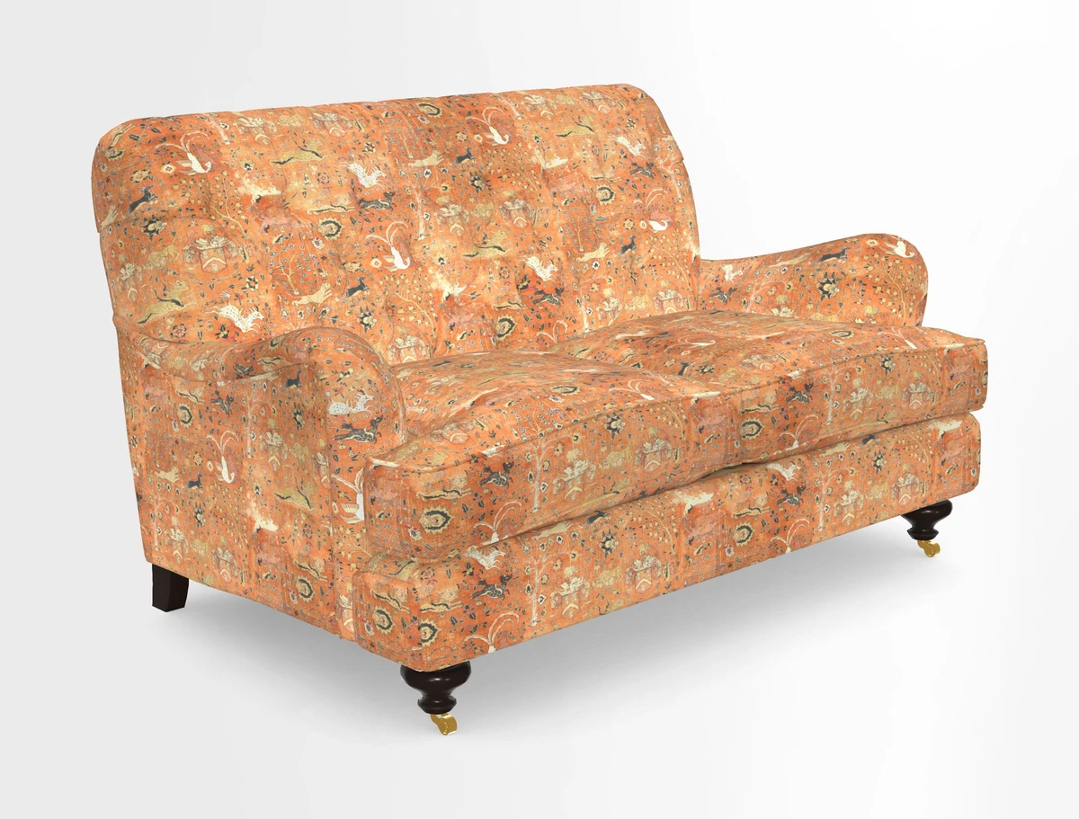 Chiddingfold 3 Seater Sofa in Omega Velvet Tawny Velvet and V&A Threads of India Regal Arabesque Flame with scatters in Sulawesi Splendour Jasper