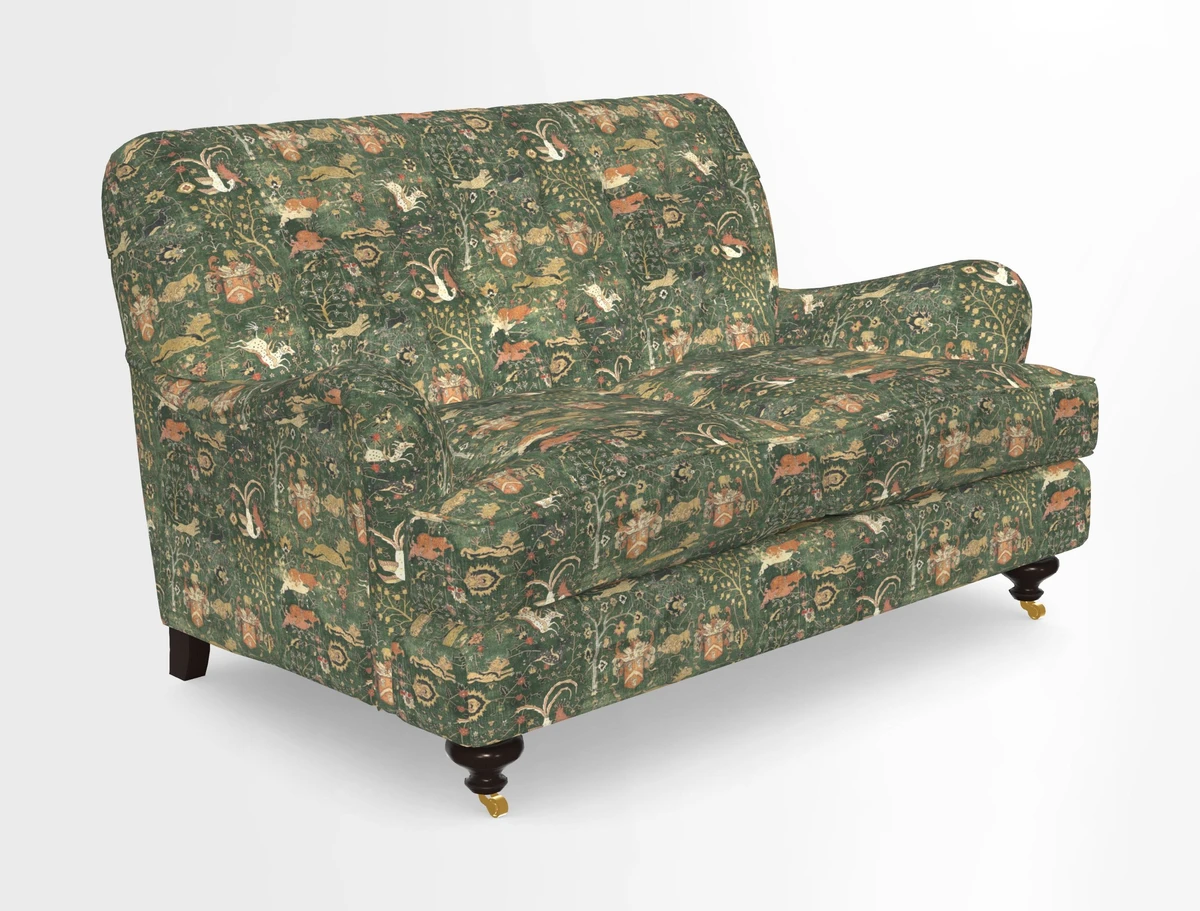 Chiddingfold 3 Seater Sofa in Omega Velvet Tawny Velvet and V&A Threads of India Regal Arabesque Flame with scatters in Sulawesi Splendour Jasper