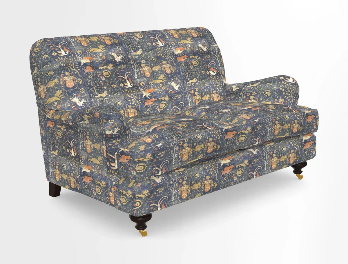 Chiddingfold 3 Seater Sofa in Omega Velvet Tawny Velvet and V&A Threads of India Regal Arabesque Flame with scatters in Sulawesi Splendour Jasper