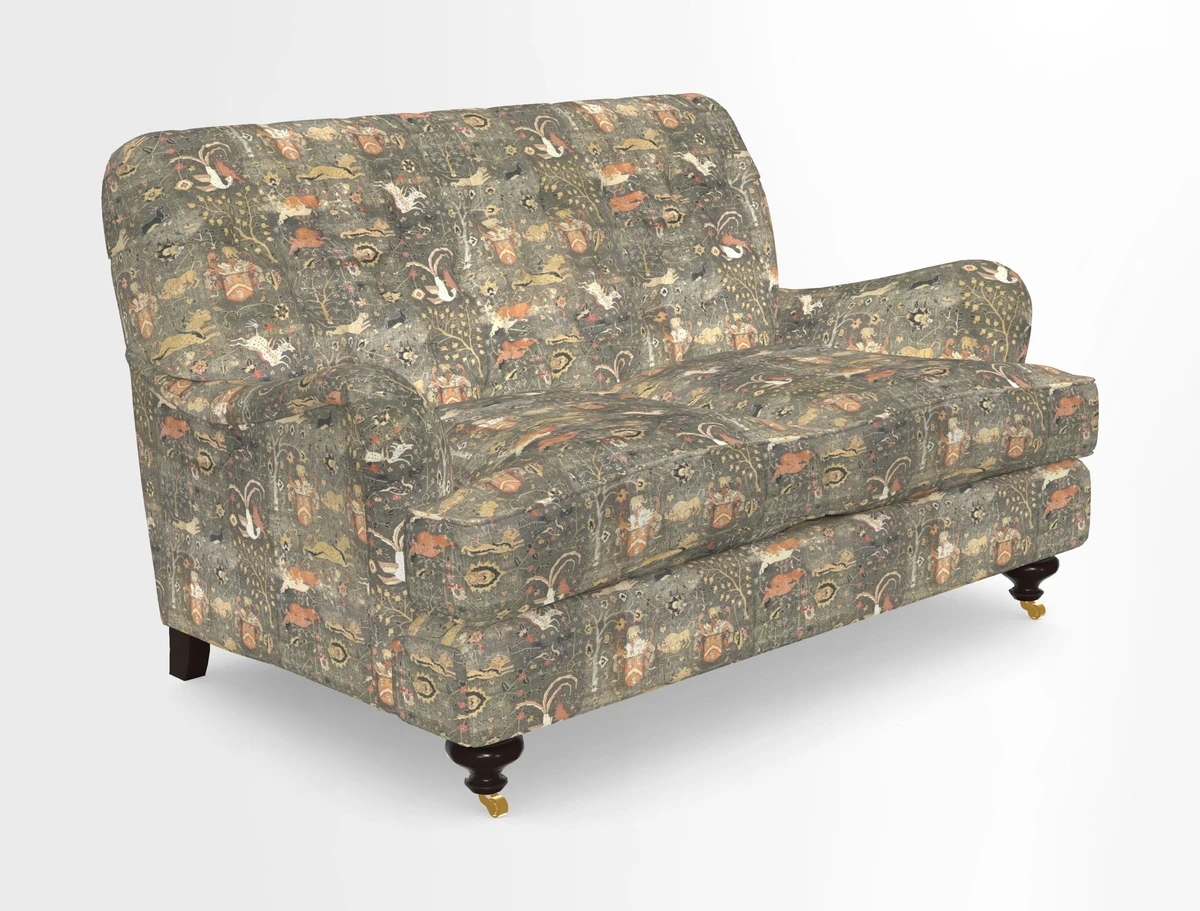 Chiddingfold 3 Seater Sofa in Omega Velvet Tawny Velvet and V&A Threads of India Regal Arabesque Flame with scatters in Sulawesi Splendour Jasper