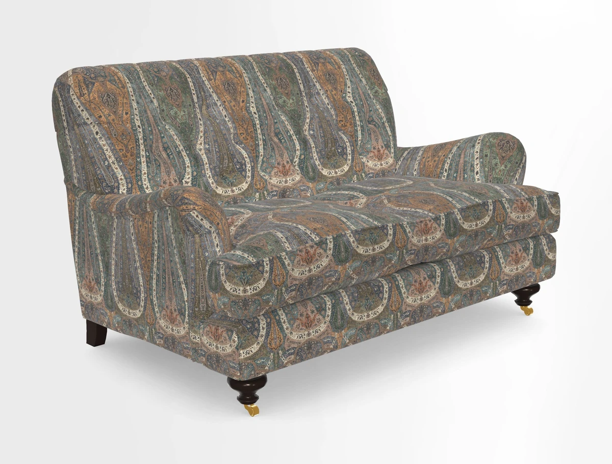 Chiddingfold 3 Seater Sofa in Omega Velvet Tawny Velvet and V&A Threads of India Regal Arabesque Flame with scatters in Sulawesi Splendour Jasper