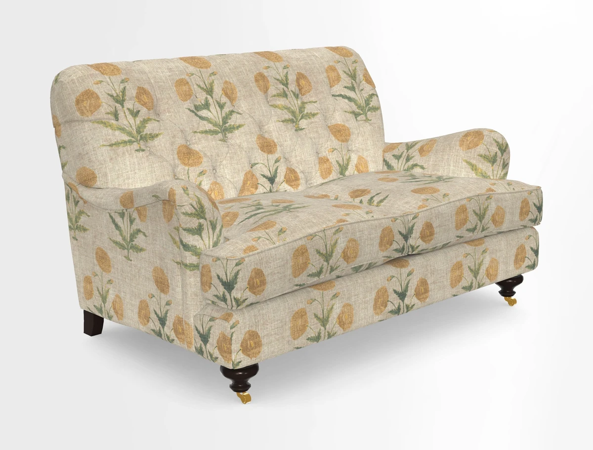 Chiddingfold 3 Seater Sofa in Omega Velvet Tawny Velvet and V&A Threads of India Regal Arabesque Flame with scatters in Sulawesi Splendour Jasper