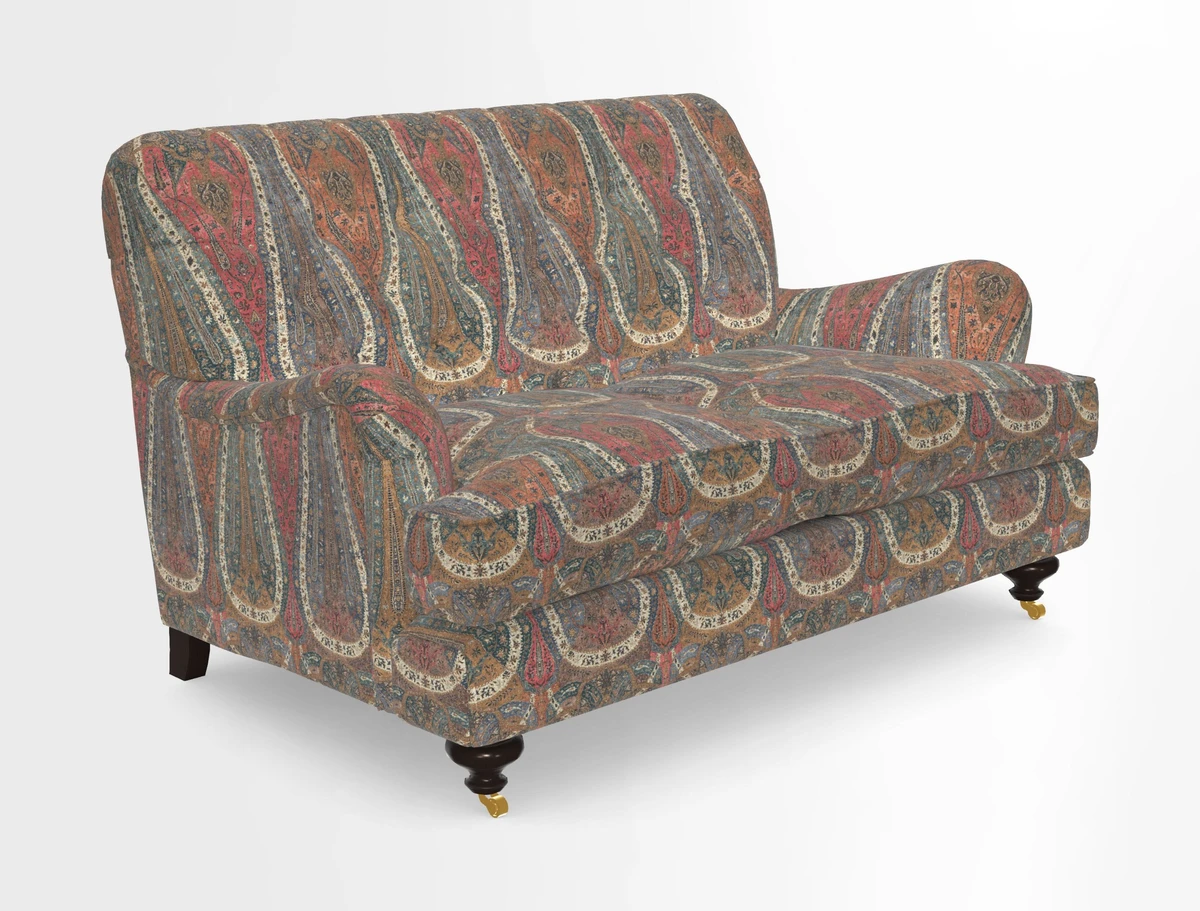 Chiddingfold 3 Seater Sofa in Omega Velvet Tawny Velvet and V&A Threads of India Regal Arabesque Flame with scatters in Sulawesi Splendour Jasper