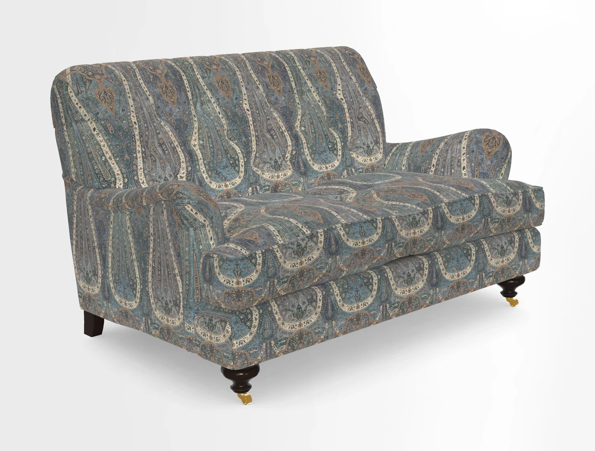 Chiddingfold 3 Seater Sofa in Omega Velvet Tawny Velvet and V&A Threads of India Regal Arabesque Flame with scatters in Sulawesi Splendour Jasper