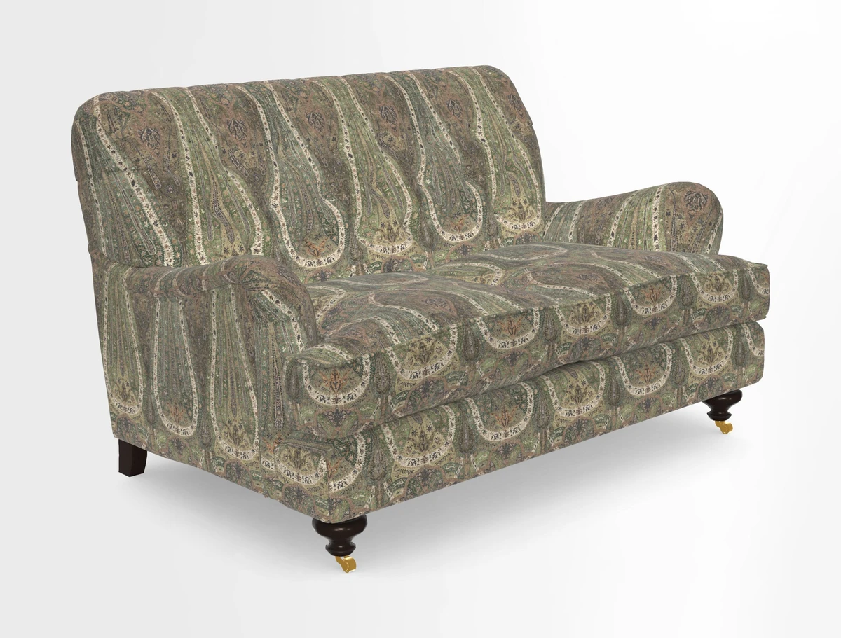 Chiddingfold 3 Seater Sofa in Omega Velvet Tawny Velvet and V&A Threads of India Regal Arabesque Flame with scatters in Sulawesi Splendour Jasper