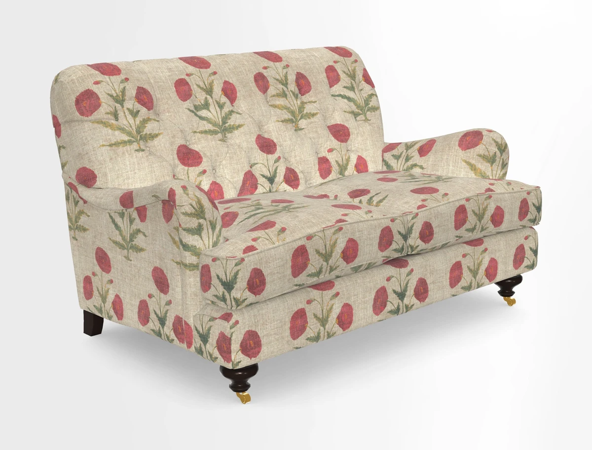 Chiddingfold 3 Seater Sofa in Omega Velvet Tawny Velvet and V&A Threads of India Regal Arabesque Flame with scatters in Sulawesi Splendour Jasper