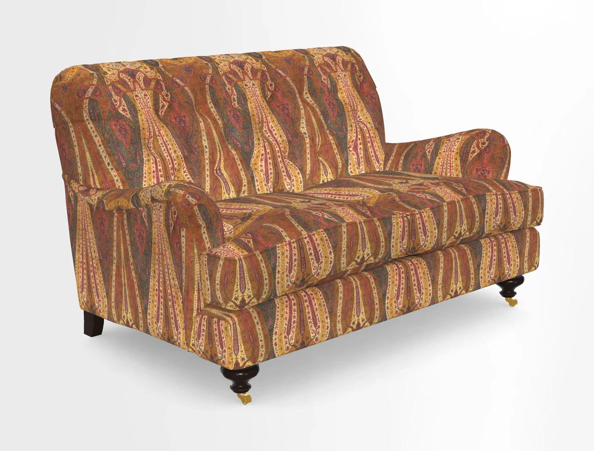 Chiddingfold 3 Seater Sofa in Omega Velvet Tawny Velvet and V&A Threads of India Regal Arabesque Flame with scatters in Sulawesi Splendour Jasper