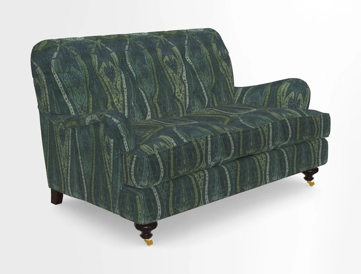 Chiddingfold 3 Seater Sofa in Omega Velvet Tawny Velvet and V&A Threads of India Regal Arabesque Flame with scatters in Sulawesi Splendour Jasper