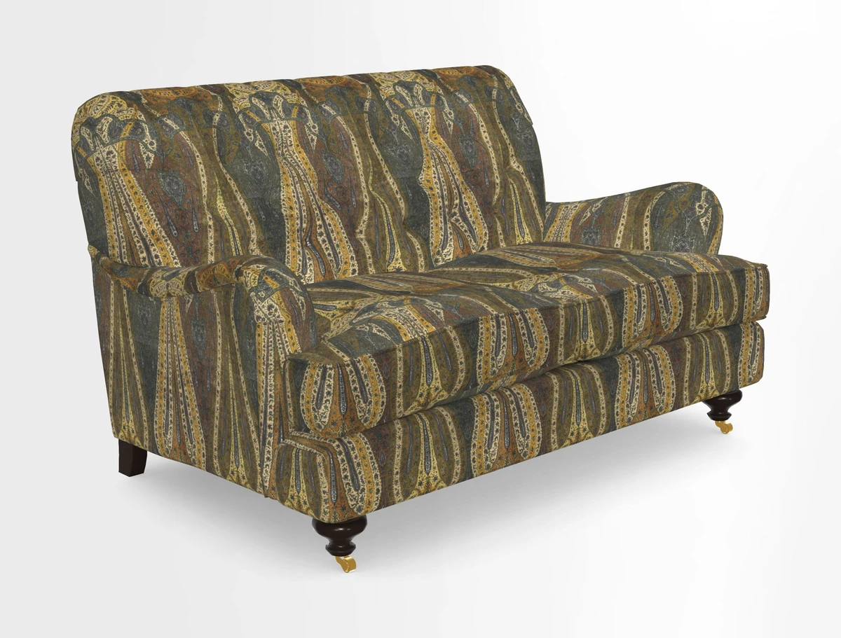 Chiddingfold 3 Seater Sofa in Omega Velvet Tawny Velvet and V&A Threads of India Regal Arabesque Flame with scatters in Sulawesi Splendour Jasper