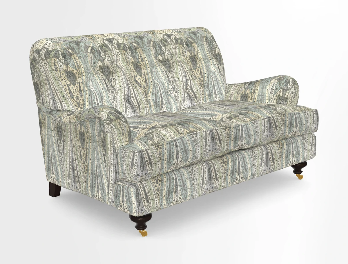 Chiddingfold 3 Seater Sofa in Omega Velvet Tawny Velvet and V&A Threads of India Regal Arabesque Flame with scatters in Sulawesi Splendour Jasper