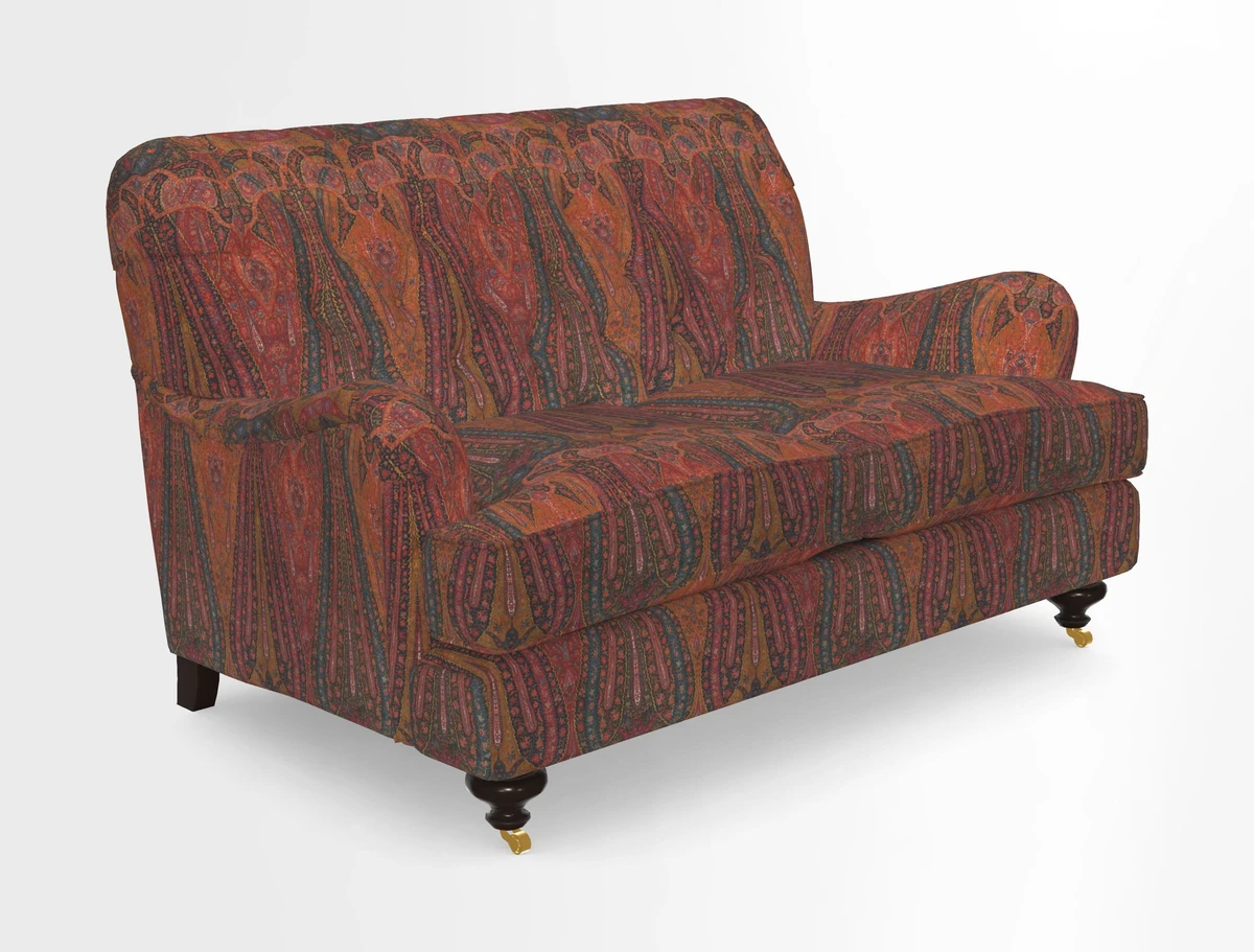 Chiddingfold 3 Seater Sofa in Omega Velvet Tawny Velvet and V&A Threads of India Regal Arabesque Flame with scatters in Sulawesi Splendour Jasper