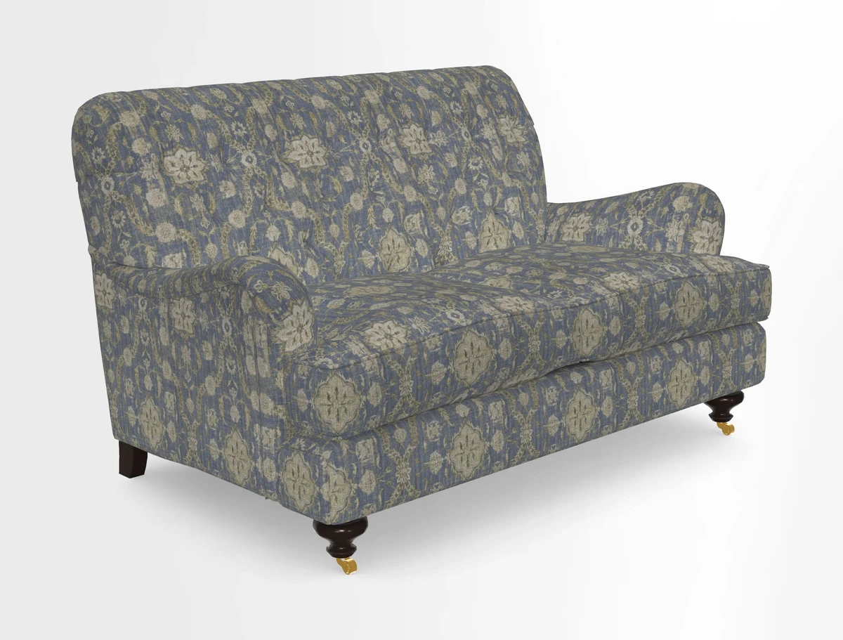 Chiddingfold 3 Seater Sofa in Omega Velvet Tawny Velvet and V&A Threads of India Regal Arabesque Flame with scatters in Sulawesi Splendour Jasper