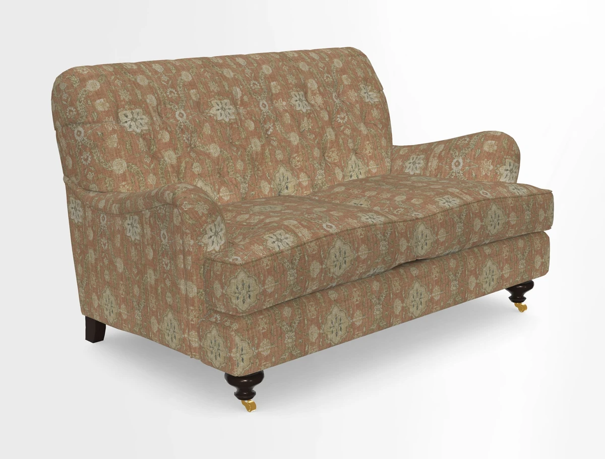 Chiddingfold 3 Seater Sofa in Omega Velvet Tawny Velvet and V&A Threads of India Regal Arabesque Flame with scatters in Sulawesi Splendour Jasper